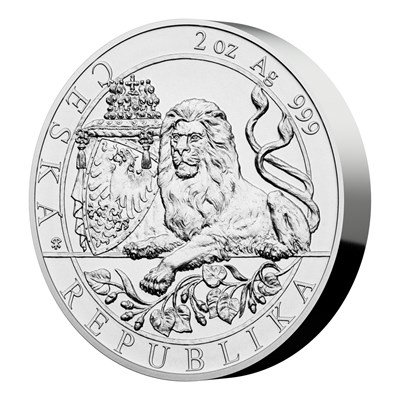Stříbrná dvouuncová investiční mince Český lev 2019 stand 62,2 g - natočená strana