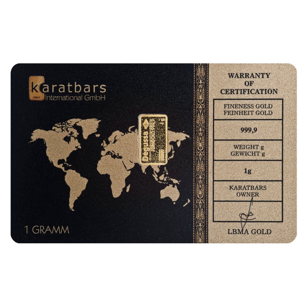 Zlatý investiční slitek Degussa 1 g – první strana
