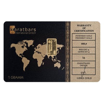 Zlatý investiční slitek Degussa 1 g – první strana