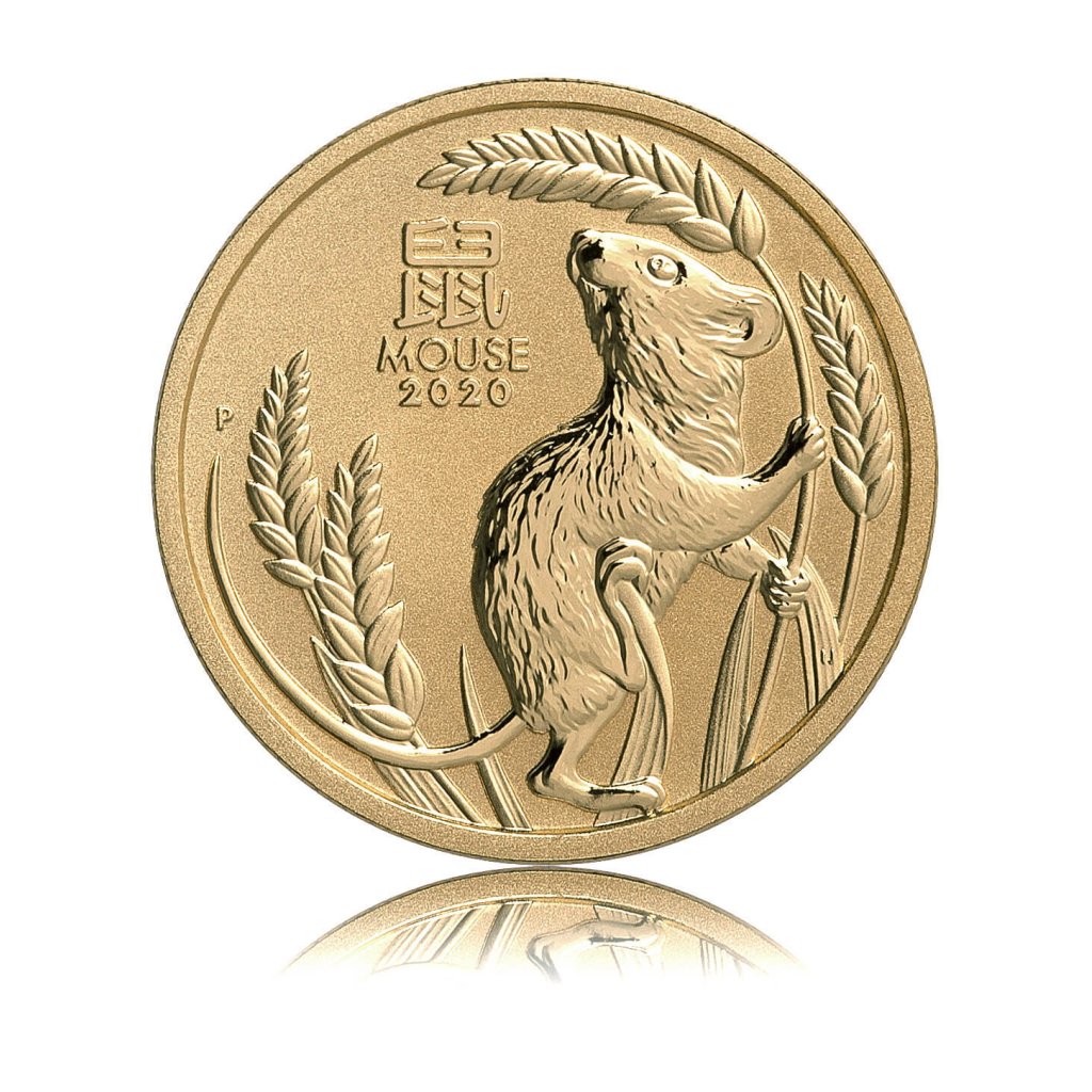 Zlatá investiční mince Australský lunární rok 2020 Myš 15,55 g (1/2 Oz) – první strana