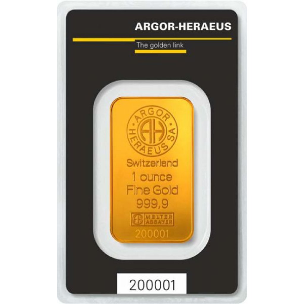 Zlatý investiční slitek Argor-Heraeus 31,1 g (1 Oz) - první strana