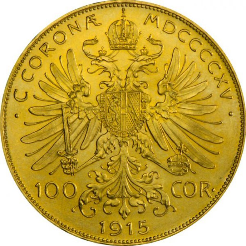 Zlatá investiční mince 100 Korun Rakousko 1915 novoražba 30,48 g - první strana