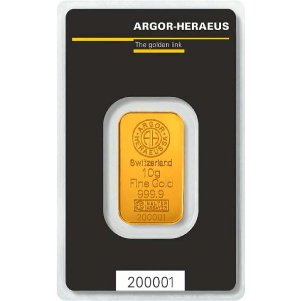 Zlatý investiční slitek Argor-Heraeus 10 g - první strana