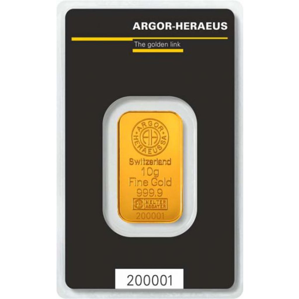Zlatý investiční slitek Argor-Heraeus 10 g - první strana