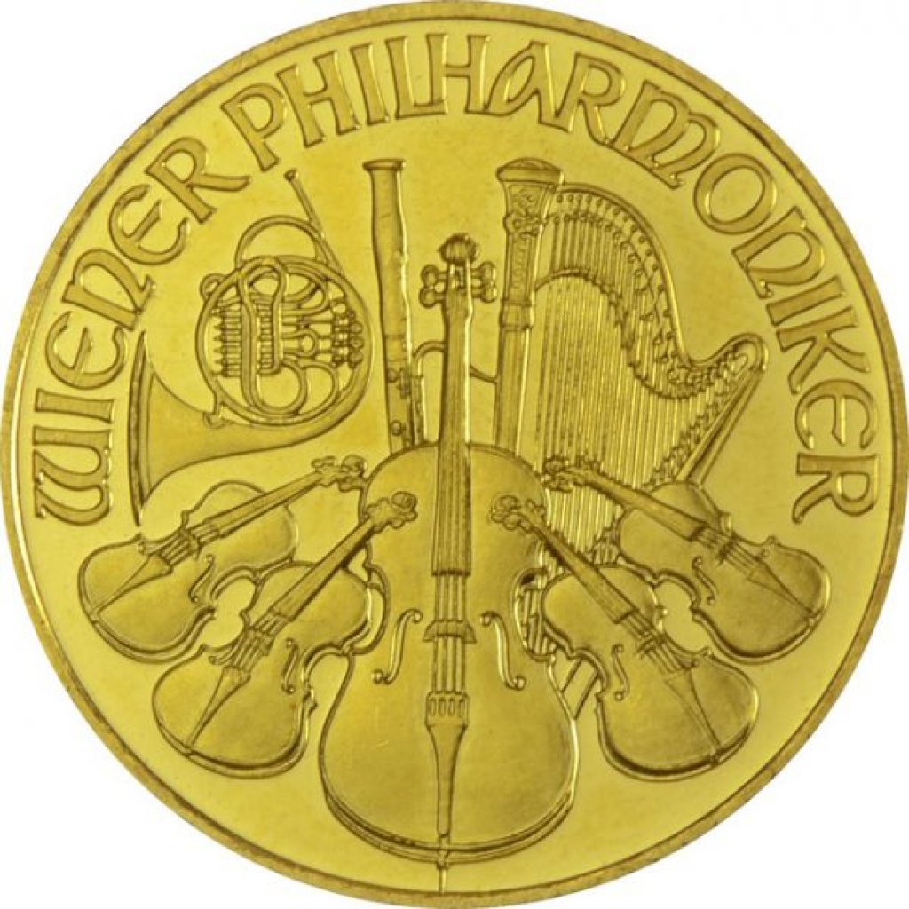 Zlatá investiční mince Wiener Philharmoniker ATS Prägung 15,55 g - první strana