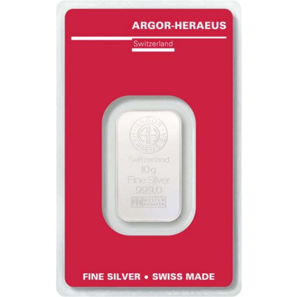 Stříbrný investiční slitek Argor-Heraeus 10 g - první strana