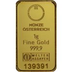 Zlatý investiční slitek Münze Österreich kinebar 1 g první strana
