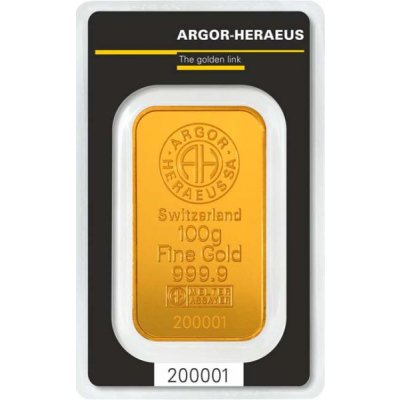 Zlatý investiční slitek Argor-Heraeus 100 g - první strana