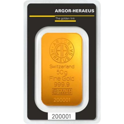 Zlatý investiční slitek Argor-Heraeus 50 g - první strana