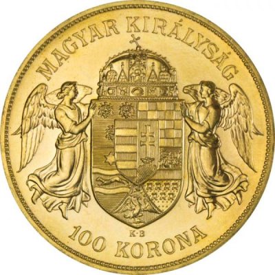 Zlatá investiční mince 100 Korun Maďarsko 1908 novoražba 30,48 g - první strana