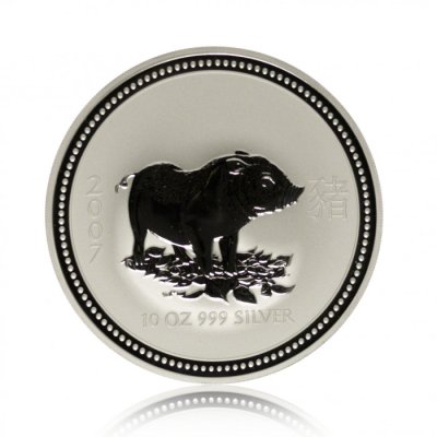 Stříbrná investiční mince Australská Lunární Série II. 2007 Vepř 311,04 g (10 Oz ) - první strana