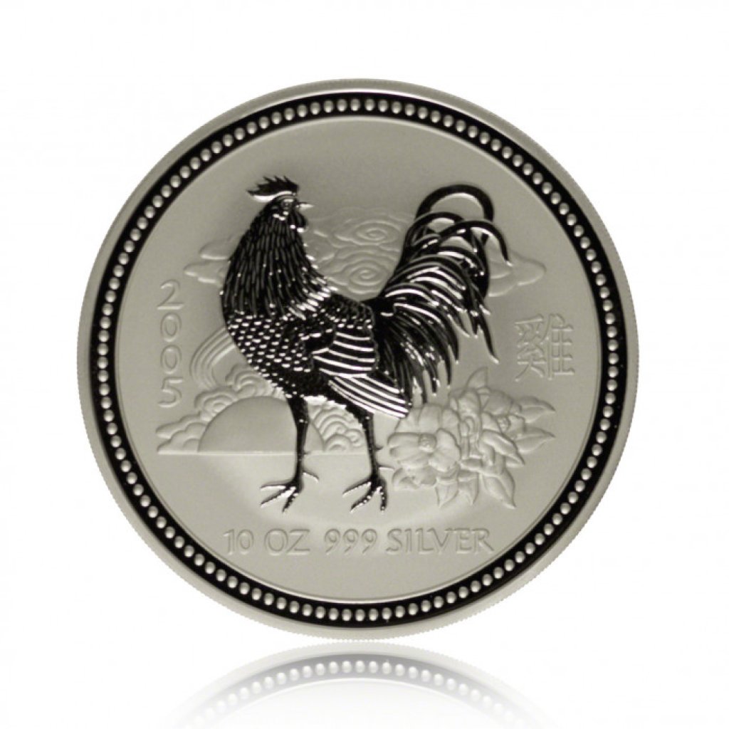Stříbrná investiční mince Australská Lunární Série I. 2005 Kohout 311,04 g (10 Oz ) - první strana