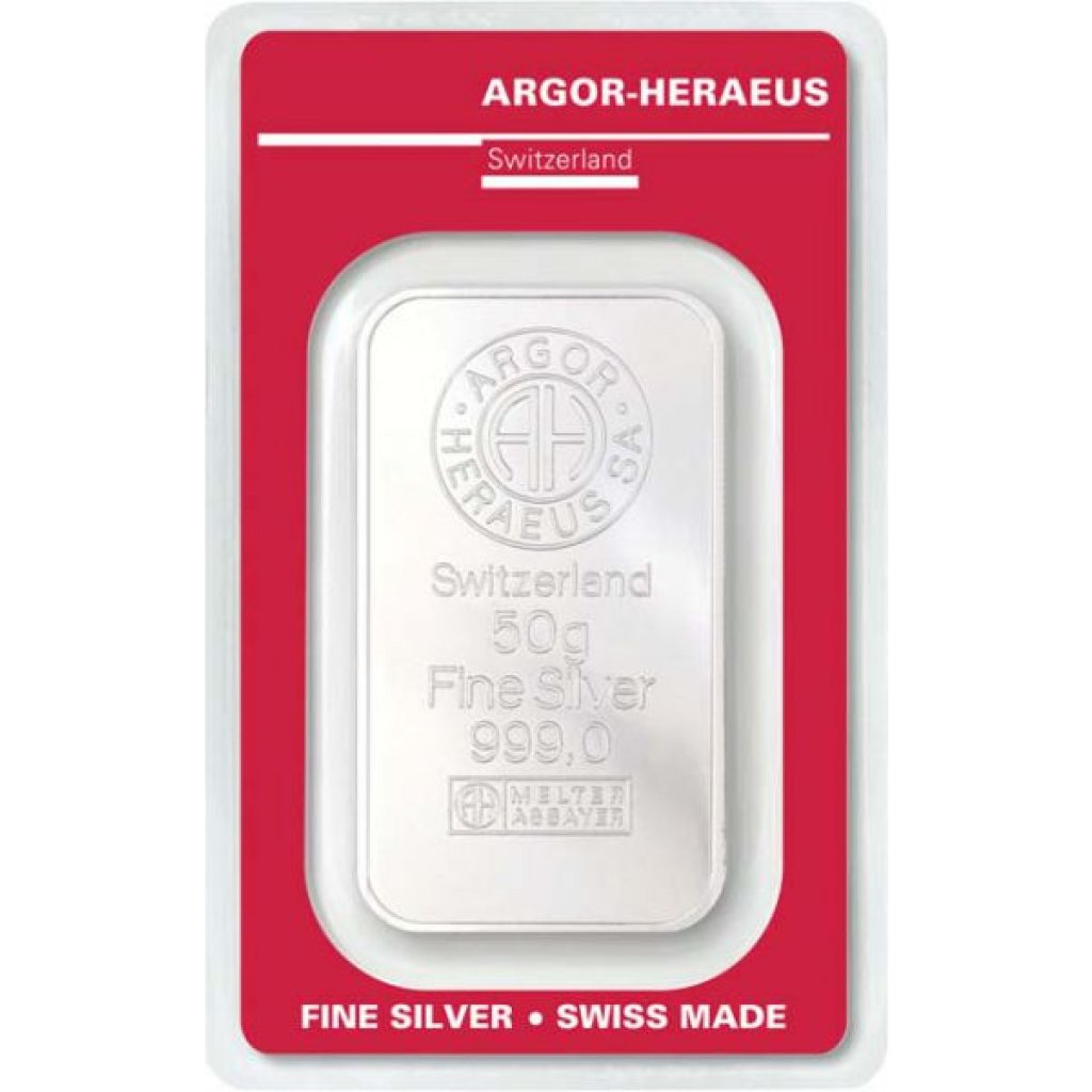 Stříbrný investiční slitek Argor-Heraeus 50 g - první strana