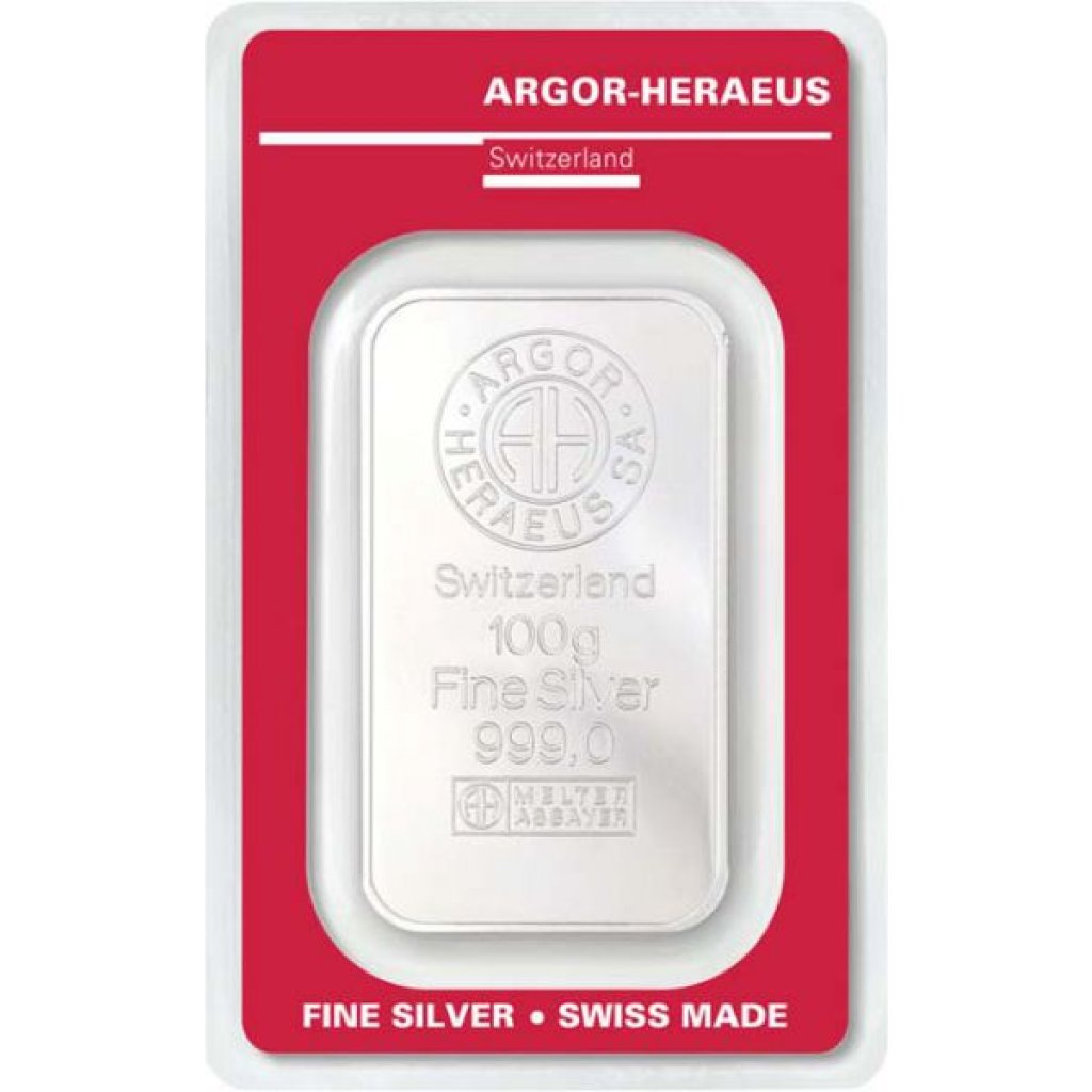 Stříbrný investiční slitek Argor-Heraeus 100 g - první strana
