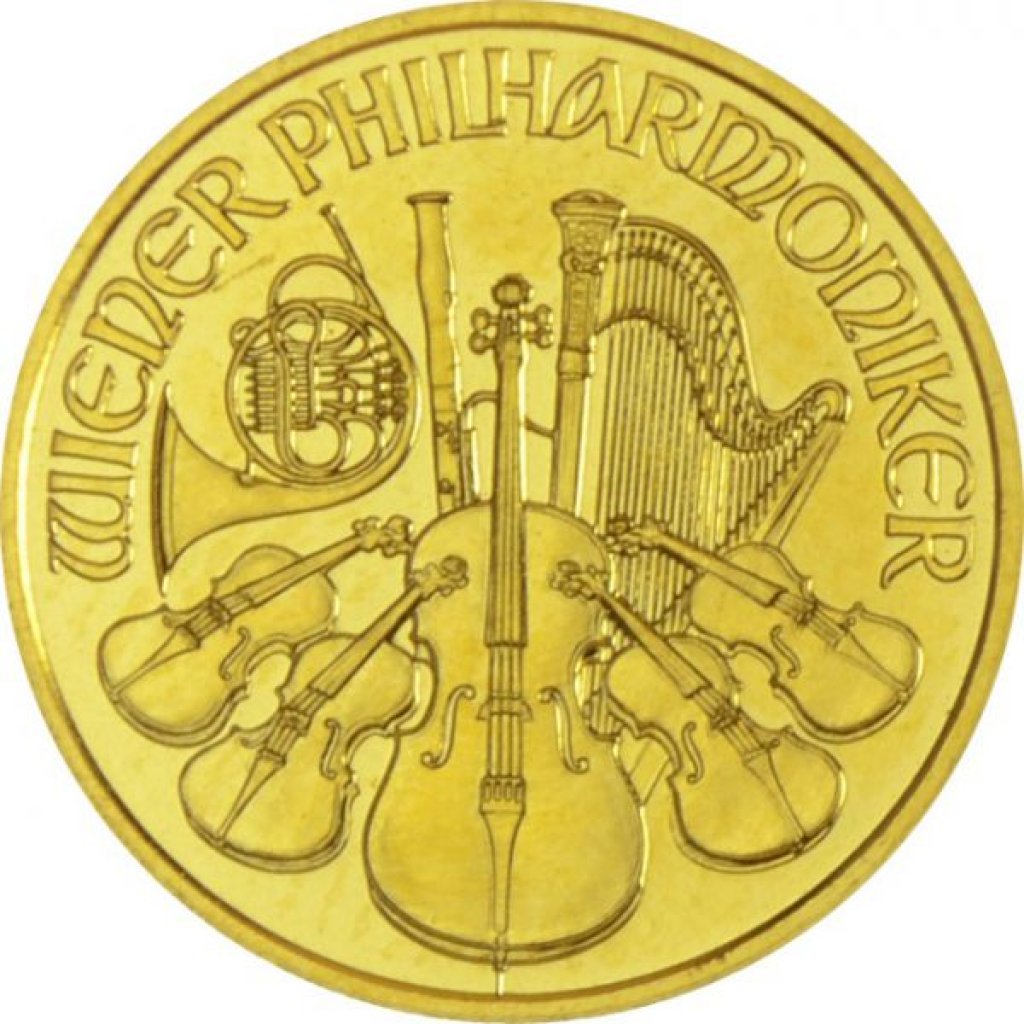 Zlatá investiční mince Wiener Philharmoniker 1/10 Oz – první strana