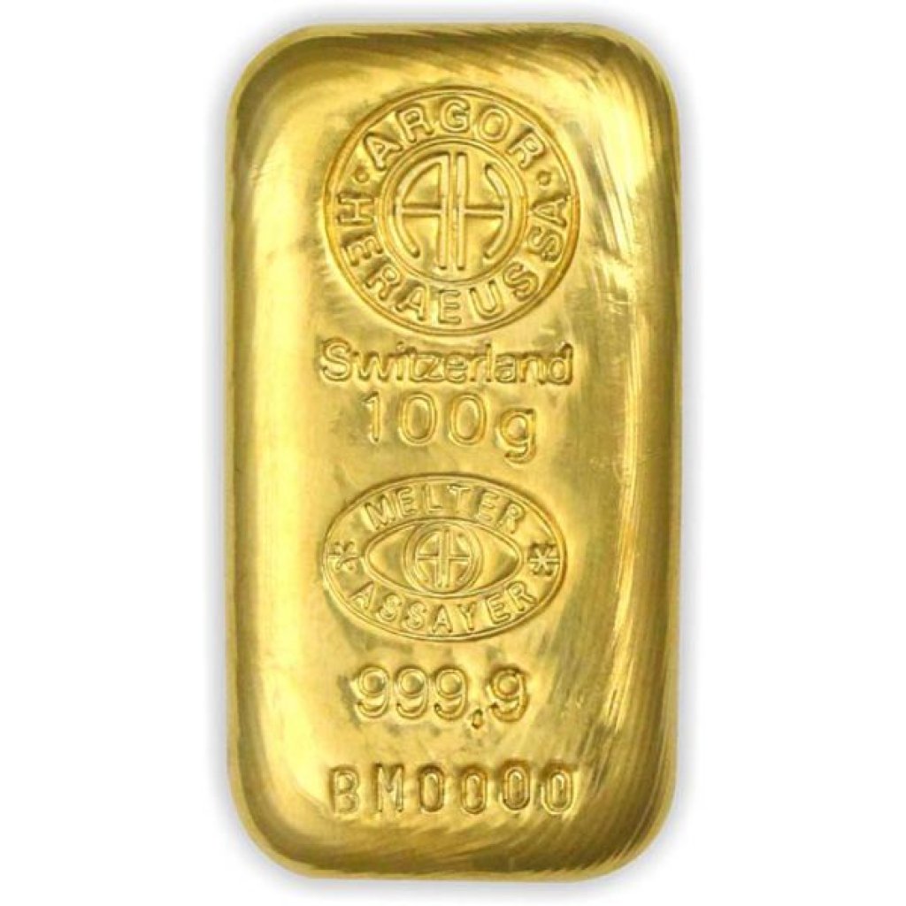 Zlatý investiční slitek Argor-Heraeus 100 g litý první strana
