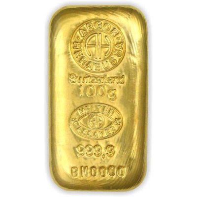 Zlatý investiční slitek Argor-Heraeus 100 g litý první strana
