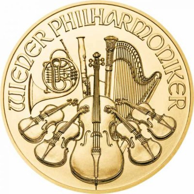 Zlatá investiční mince Wiener Philharmoniker 1,24 g - první strana
