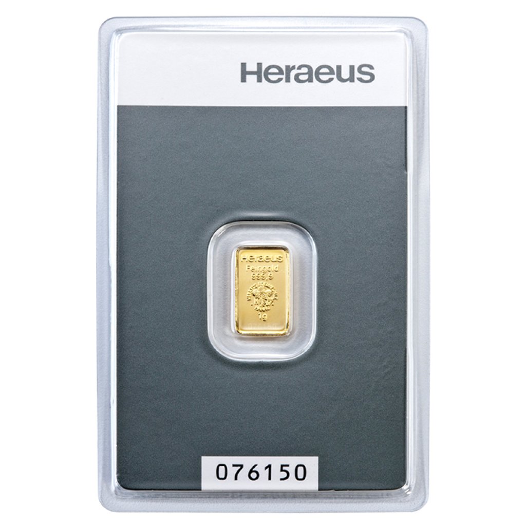 Zlatý investiční slitek Heraeus 1 g - první strana