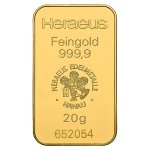 Zlatý investiční slitek Heraeus 20 g první strana