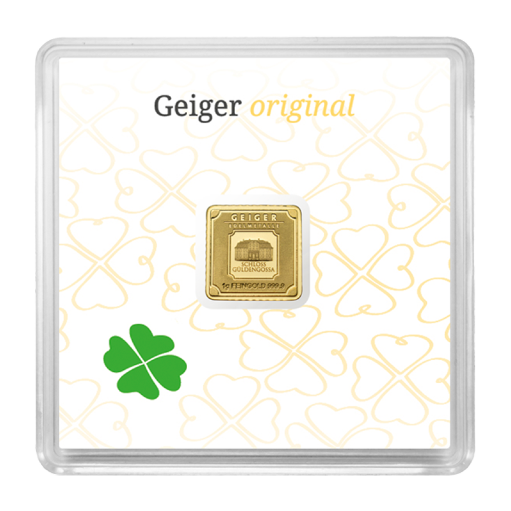 Zlatý slitek GEIGER originál 1 g ve čtvercové kapsli edice ŠTĚSTÍ - obrázek 1