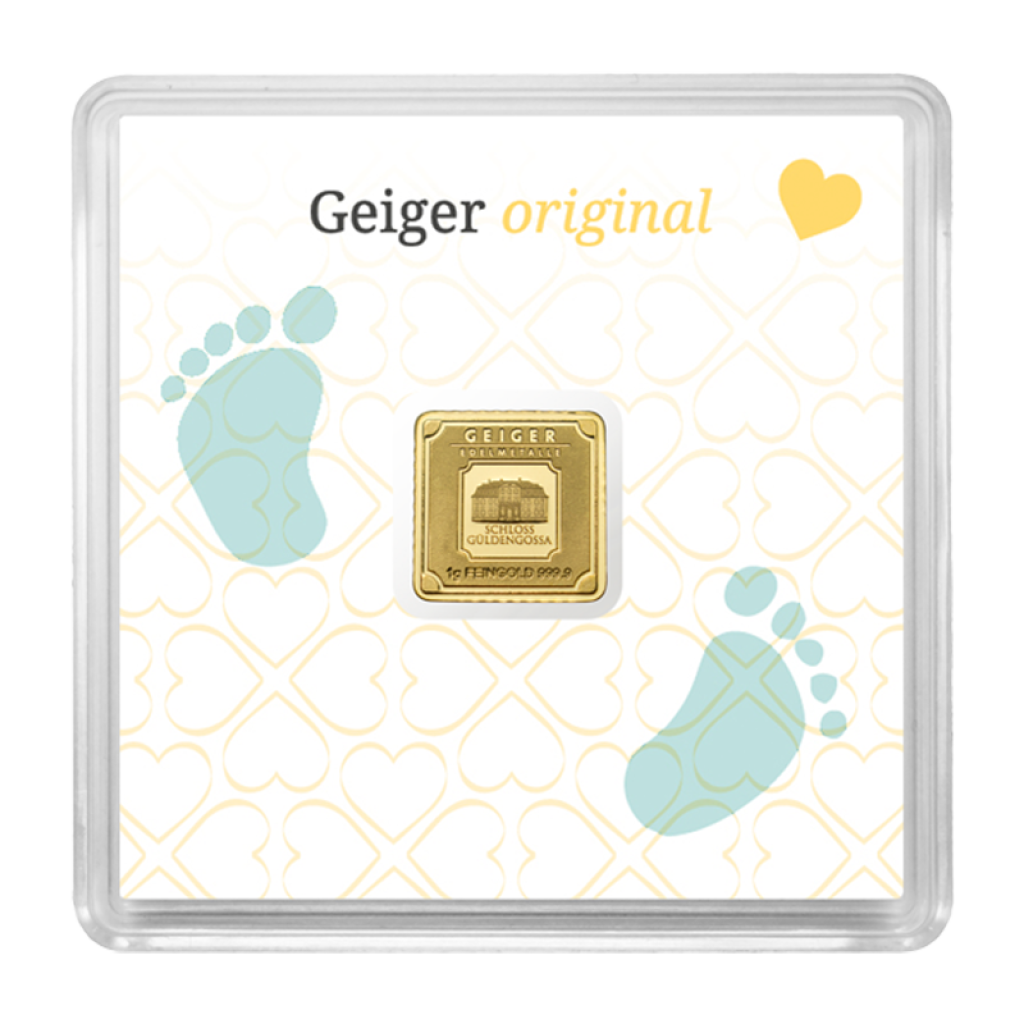 Zlatý slitek GEIGER originál 1 g ve čtvercové kapsli edice narození dítěte - obrázek 1