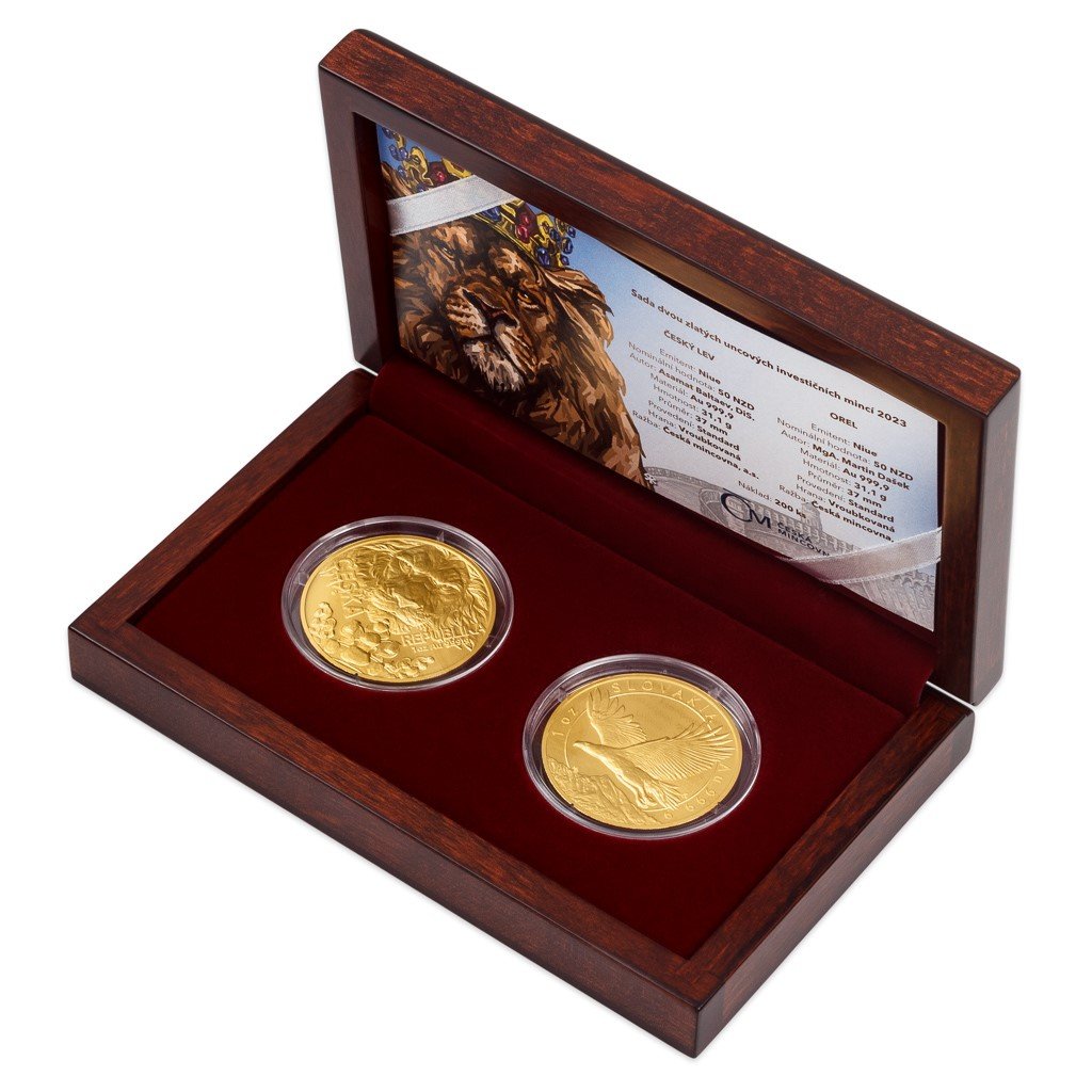 Sada dvou zlatých uncových investičních mincí Český lev a Orel 2022 stand – obrázek 1