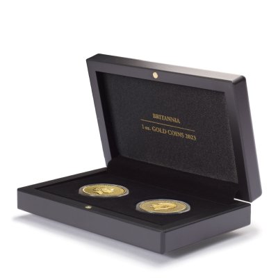 Sada dvou zlatých mincí Britannia 2023 QEII + KCIII 31,1 g (2 x 1 Oz) v etuji - obrázek 1