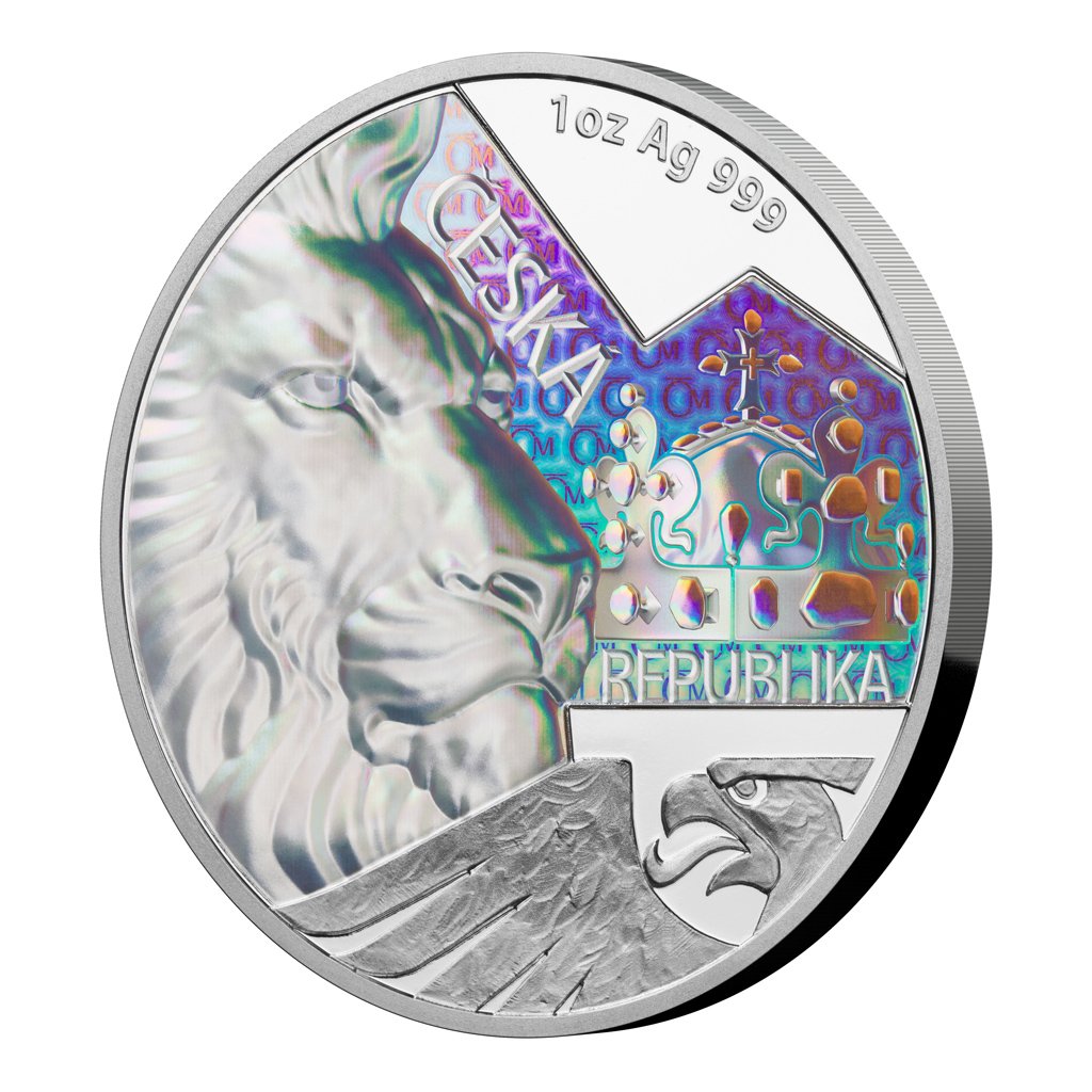 Stříbrná uncová investiční mince Český lev 2023 s hologramem proof – obrázek 2