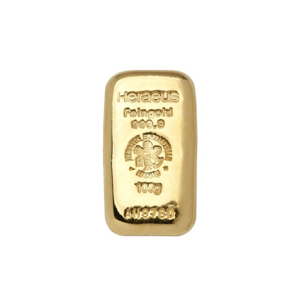 Zlatý slitek 100 g Heraeus odlévaný