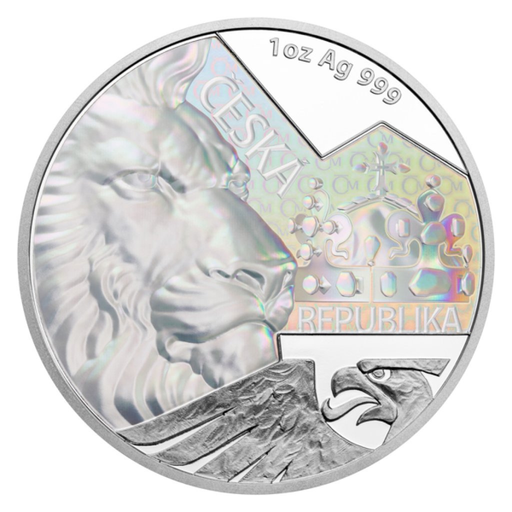 Stříbrná uncová investiční mince Český lev 2023 s hologramem proof