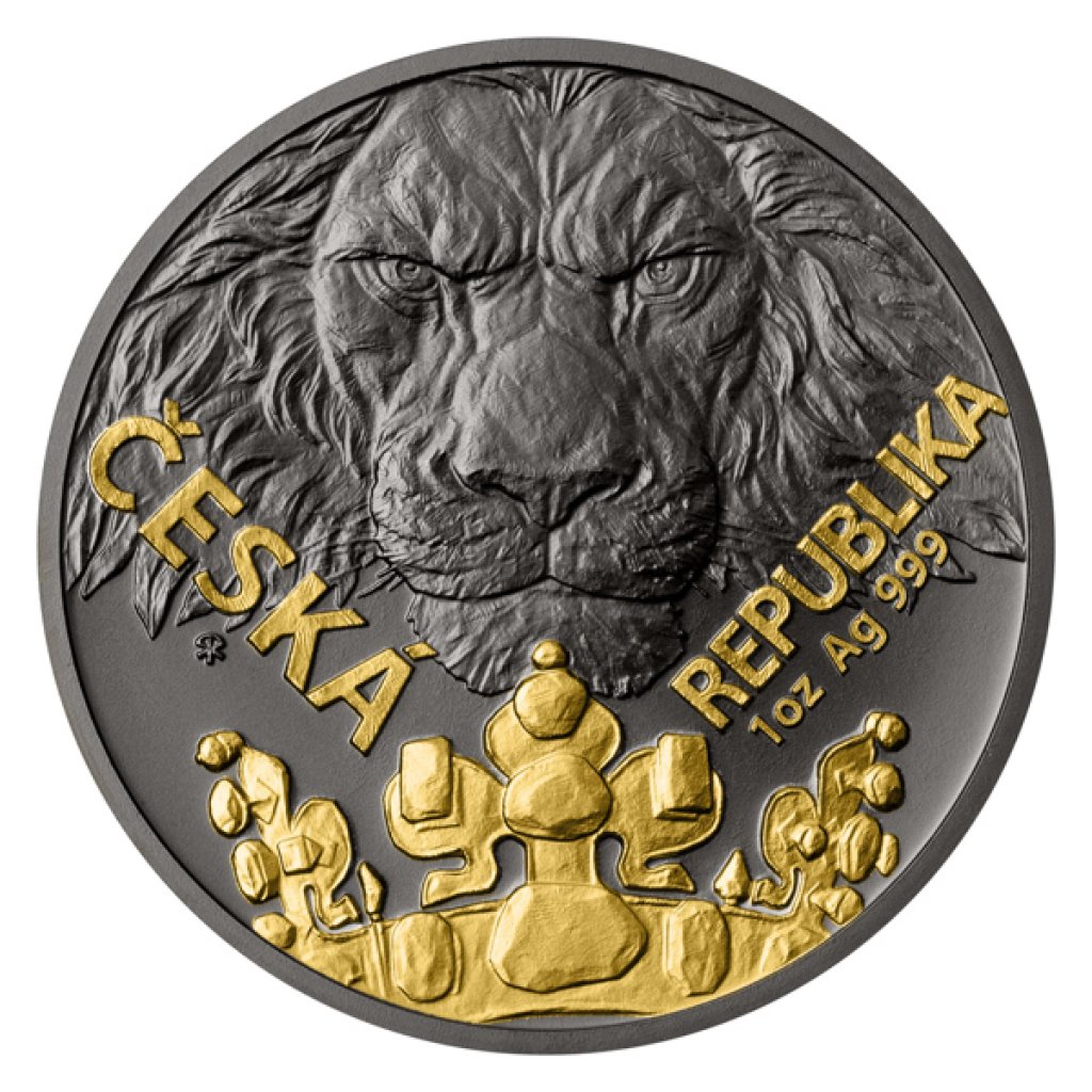 Stříbrná uncová investiční mince Český lev 2023 černá platina/selekt. pokov Au stand - obrázek 1