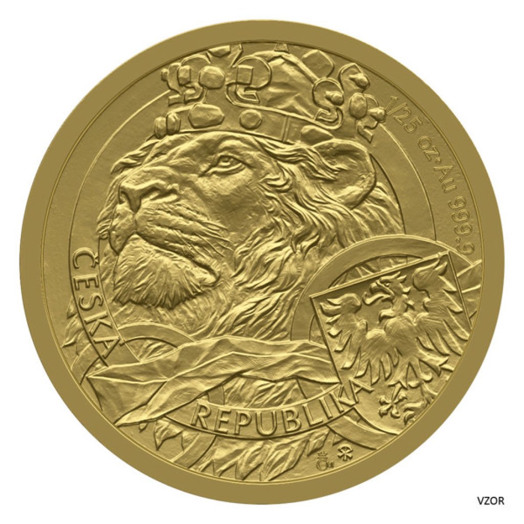 Zlatá 1/25oz investiční mince Český lev 2025 stand