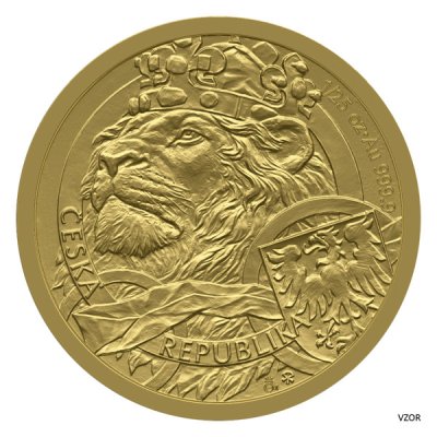Zlatá 1/25oz investiční mince Český lev 2025 stand