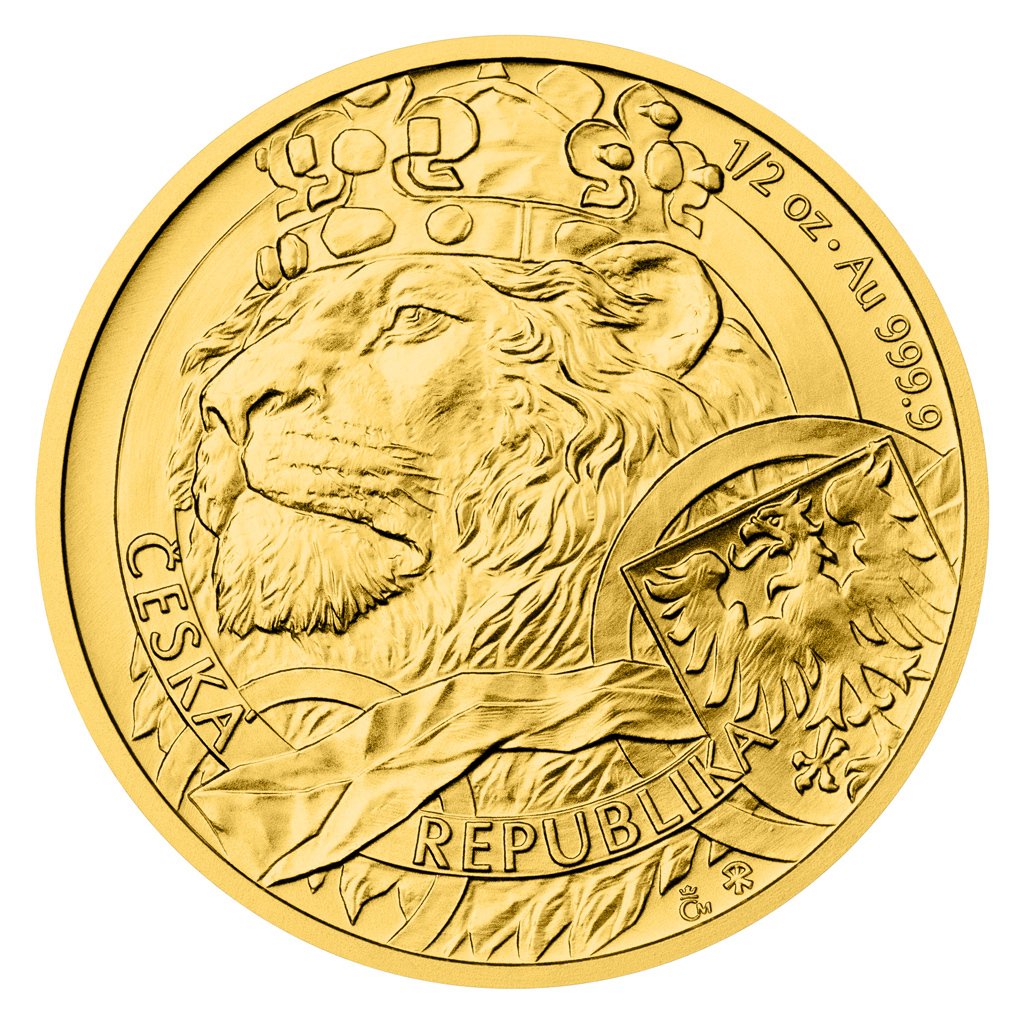Zlatá 1/2oz investiční mince Český lev 2025 stand – obrázek 1