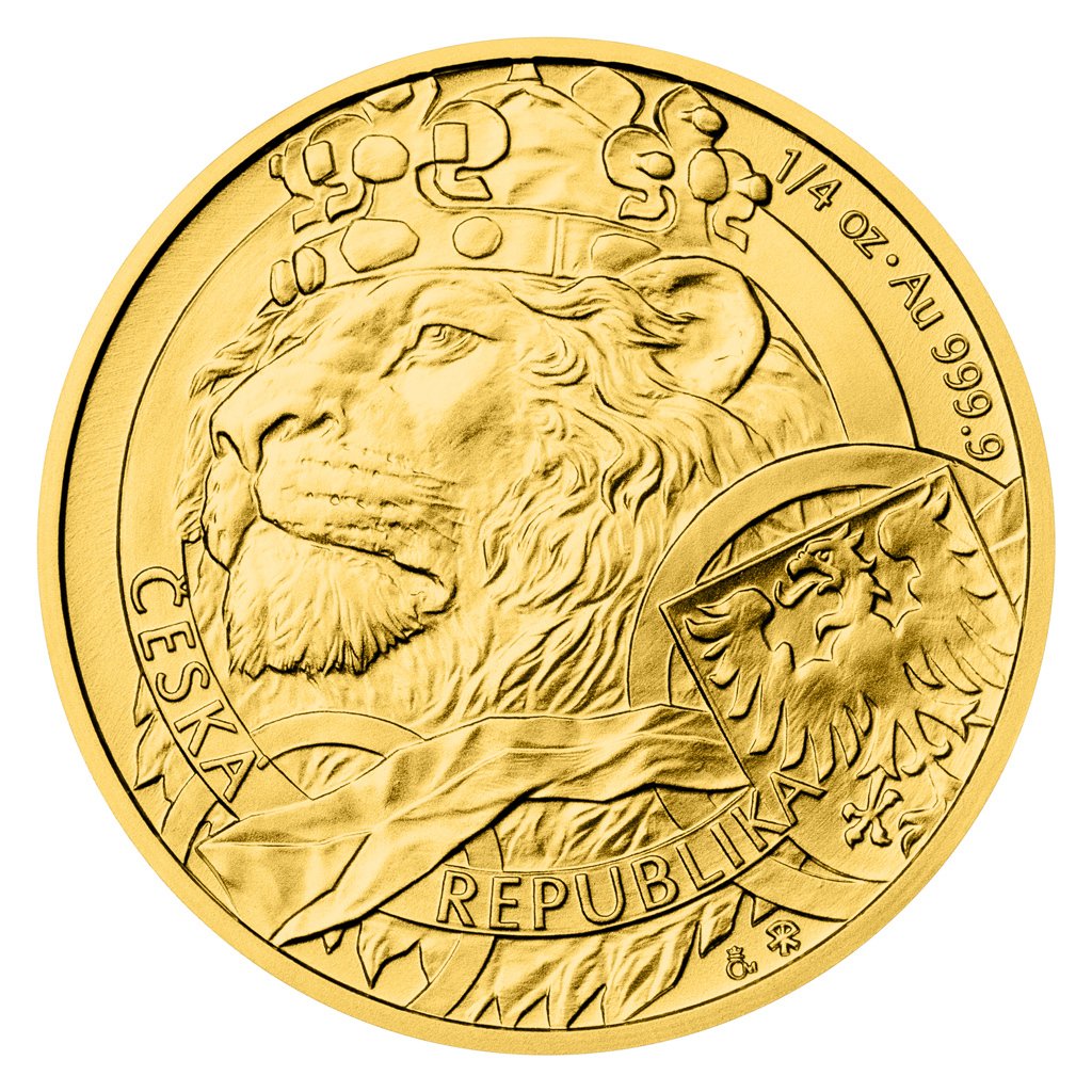 Zlatá 1/4oz investiční mince Český lev 2025 stand – obrázek 1