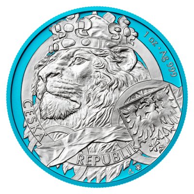 Stříbrná 1oz investiční mince Český lev 2025 space blue stand – obrázek 1