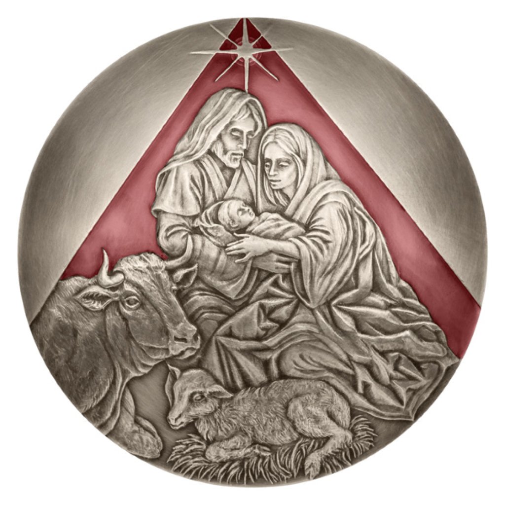 Stříbrná konvexní Vánoční medaile - Betlém, smalt patina stand