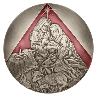 Stříbrná konvexní Vánoční medaile - Betlém, smalt patina stand