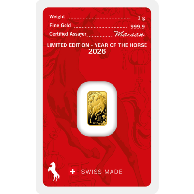 Zlatý slitek 1 g Argor-Heraeus Kůň 2026 - obrázek 1