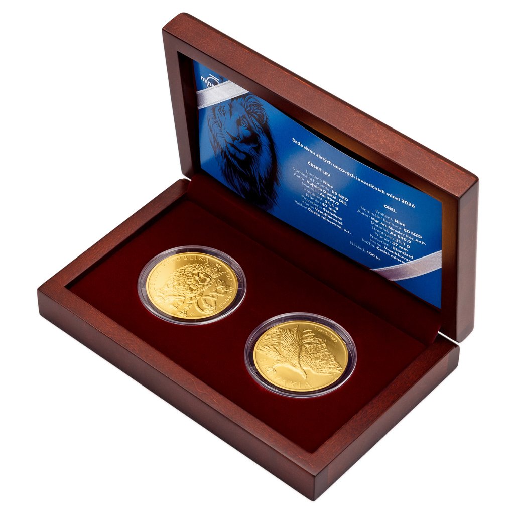 Sada dvou zlatých 1oz investičních mincí Český lev a Orel 2026 stand - obrázek 1